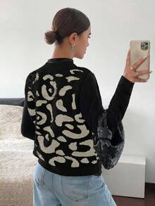 Siren Gaze V-Neck Jacquard Leopard Print Knitted Vest, Casual For Autumn/Winter