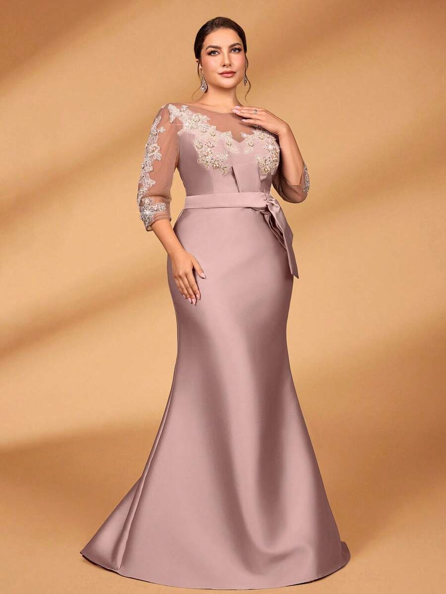 Serin Plus Size Autumn And Winter Elegant Gorgeous Luxury Lotus Pink Sequin Embroidery Stitching Satin Bow See-Through Long Sleeve Fishtail Skirt Suitable For Applique Design Suitable For Wedding Events Bachelorette Party Holiday Dance Dinner Bride Mother Evening Dress Guest Dress