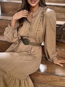 LanaWest Women's Khaki Flowy Fabric Stand Collar Ruffle Trim Half-Placket Button Niche Design Western Casual Loose Flared Dress, Autumn