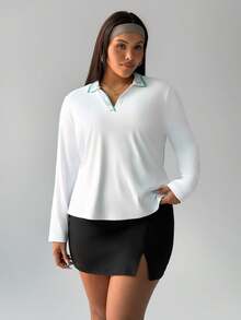 Rhythm Era Camisa polo de mujer con cuello de canalé, contraste de color, letra en V, ajuste slim, manga larga, casual, deportiva, para tenis, correr a diario, tallas grandes - Blanco - Ver 7