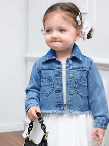 SHEIN 女婴可爱白色牛仔心形口袋翻领长袖短外套，秋季休闲舒适，适合宝宝派对穿着 - 中等水洗藍 - 查看 5