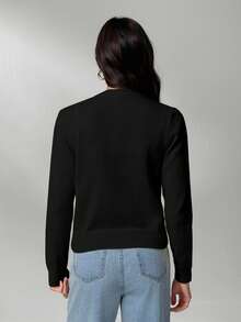 SHEIN Tall Áo len cardigan nữ cổ tròn tay dài màu trơn đơn giản, dáng rộng, dáng ôm, màu đen, áo khoác cardigan đen, áo khoác cardigan đen, áo khoác lửng, quần áo thu đông cho nữ - màu đen - Xem 2