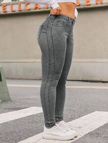 SHEIN ICON Quần jean lưng thấp dáng ôm, giặt thường ngày cỡ lớn - Màu Xám nhạt - Xem 1