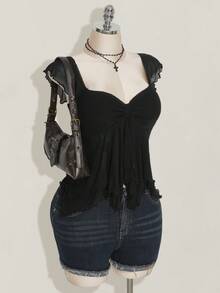 SHEIN ICON 大码女式褶皱前片修身性感网纱拼接荷叶袖露背休闲度假短款背心，秋季返校季 - 黑色 - 查看 5