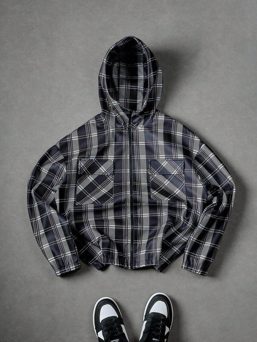 Manfinity EMRG Men's Plaid Long Sleeve Zip-Up Collar Utility Pocket Casual Hooded Overcoat,Baggy,Autumn/Winter, Christmas