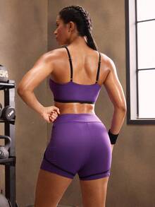 Powerista Costum sport pentru femei cu imprimeu de litere, camisol și pantaloni scurți - Violet - Vizualizare 2