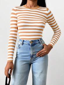 EURMUSE Pull À Rayures Côtelé - Beige - Voir 3