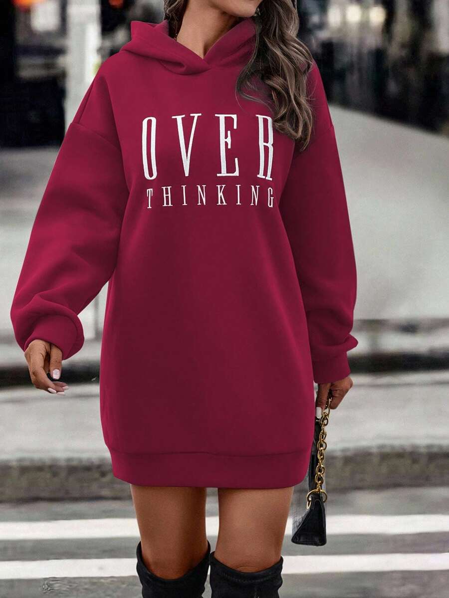 EMERY ROSE 休闲字母印花连帽长款卫衣，秋冬 - 酒紅色 - 查看 1