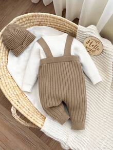 SHEIN Newborn Baby Girl Cute Versatile Knitted Bib Jumpsuit, Apricot Top & Hat Set