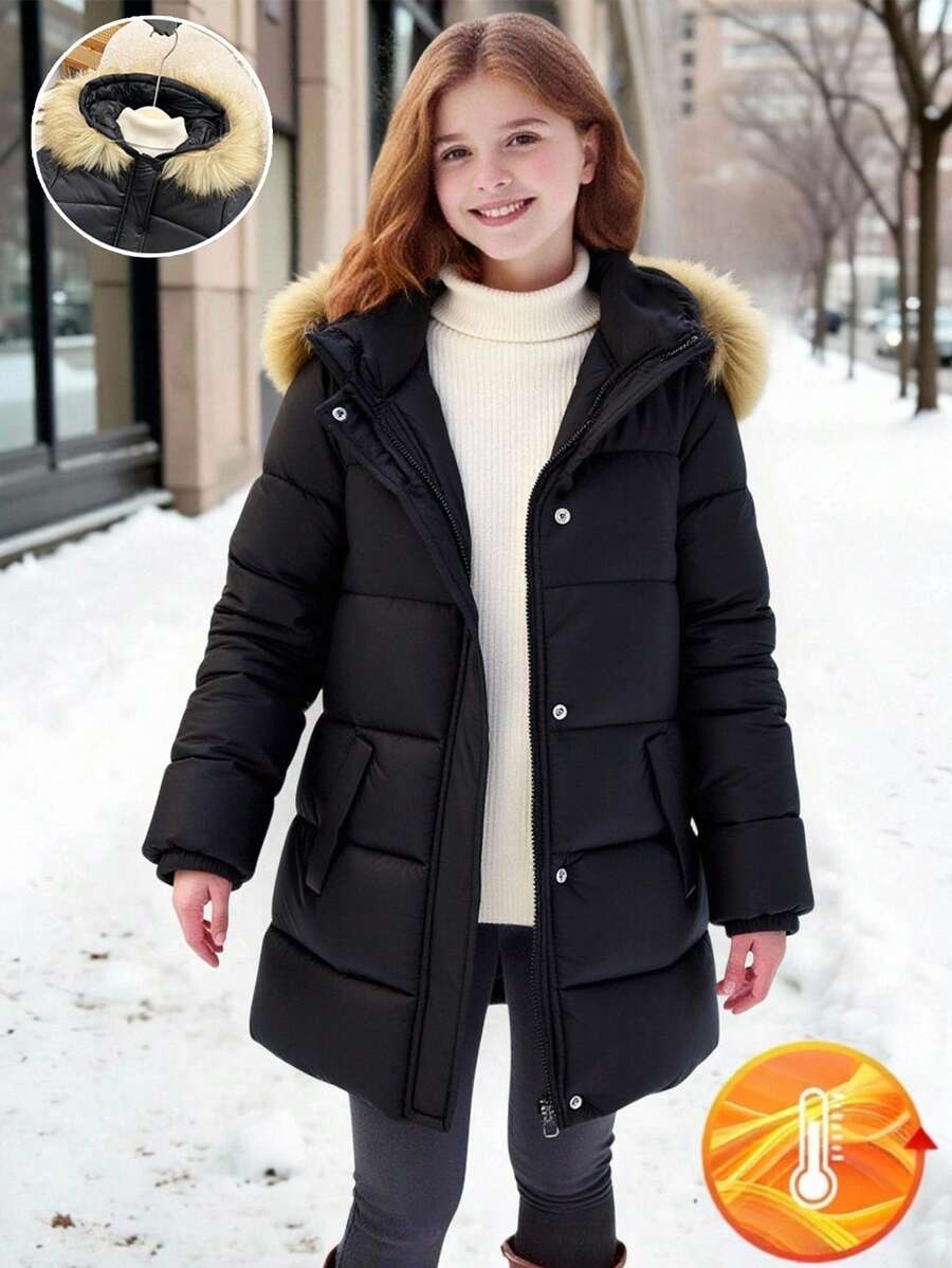 SHEIN Abrigo acolchado con capucha y puños elásticos para niñas, con cuello de piel, adecuado para vacaciones, salidas y vuelta al colegio