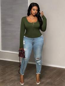 Slaydiva 大码女式基本款休闲秋冬圆领长袖紧身针织罗纹棕色上衣T恤 - 軍綠色 - 查看 7