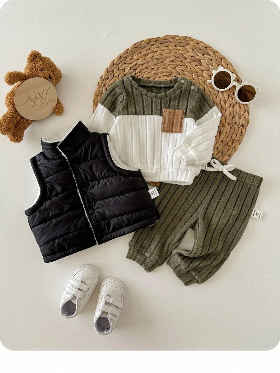 SHEIN Newborn Baby Boy Cute Knitted Colorblock Long Sleeve T-Shirt Set, Versatile For Autumn/Winter - Green - View 1