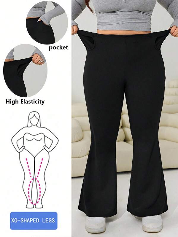 Solflare Plus Size Casual Black Flare Pants, Suitable For Fall / Autumn/Winter Bell Bottom Pants,Christmas,Shining,Date,Going Out,Elegant,Long Sleeve,Wedding Yoga Pants Plus Size,Christmas,New Year,Thanksgiving,Party,Wedding,Elegant,Casual,Commute