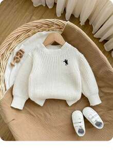 SHEIN 女婴休闲骑士刺绣毛衣，秋冬 - 白色 - 查看 1