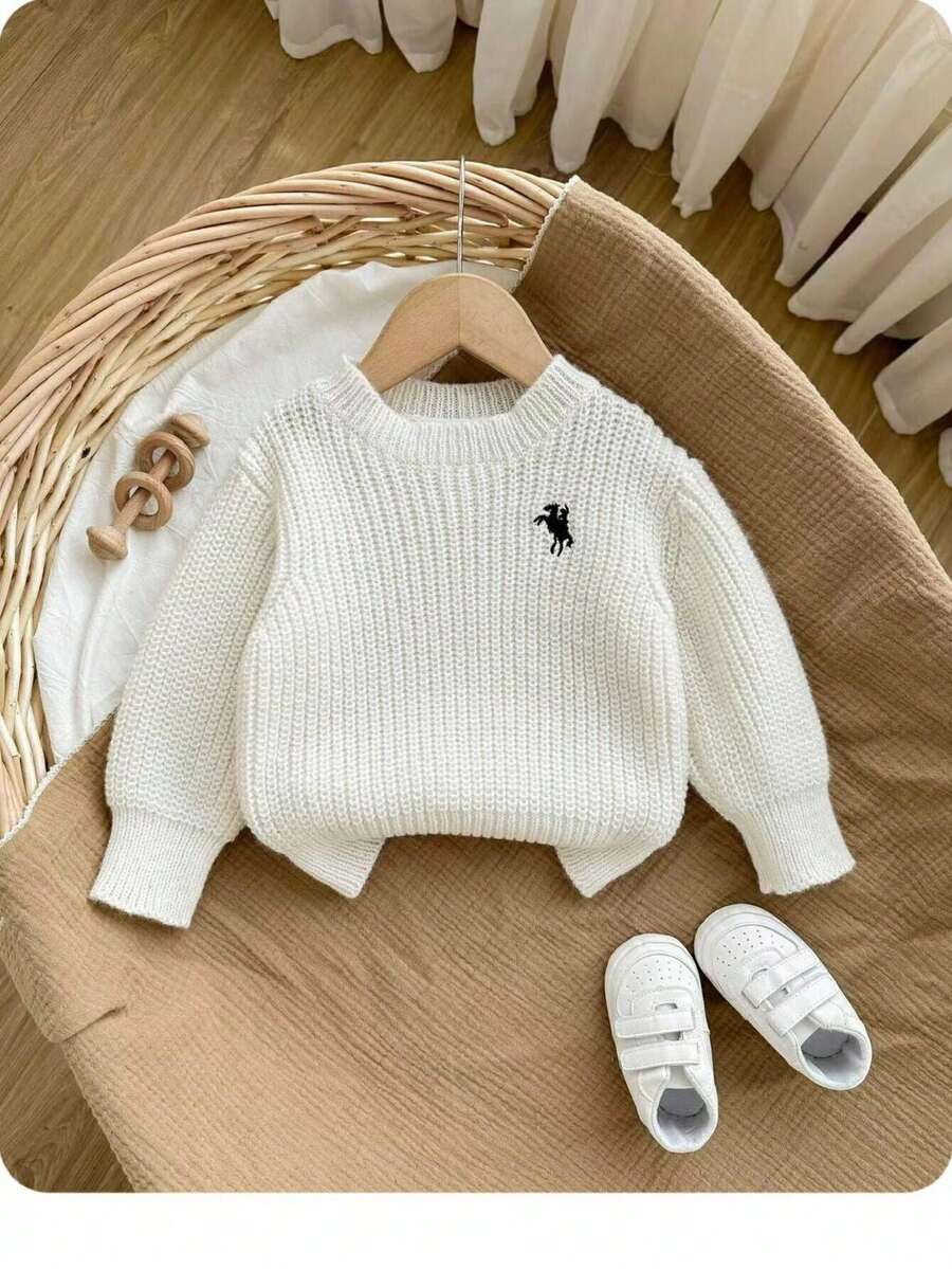 SHEIN 女婴休闲骑士刺绣毛衣，秋冬 - 白色 - 查看 1