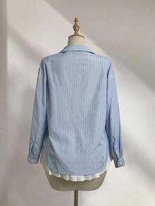 Elamini 1 pieza Camisa de mujer casual de manga larga con botones, estampado de rayas y bordado, estilo minimalista para uso diario, primavera/otoño - Azul - Ver 2