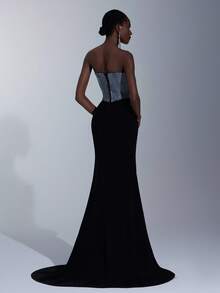 Elitara 优雅奢华千元款缎面拼布针织缎面露肩拉链开衩连衣裙，双领设计，珠饰紧身胸衣，收腰鱼骨结构，蒲公英褶皱臀部，美人鱼下摆，适合晚会、商务活动、私人茶会、生日、节日、婚礼和其他正式场合 - 彩色 - 查看 4