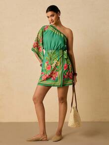 Travachic Plus Size BOHO Asymmetric Asymmetric Neck Waist Tie Wrap Tropical Print Green Mini Dress, Holiday Mini Dress, Autumn - Green - View 6