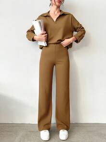 EURMUSE Frühling Und Sommer Frauen Casual Zwei Stück Set, Einschließlich Roll-manschette Einfarbig Lose Passform Shirt Und Hose - Beige - Übersicht 4