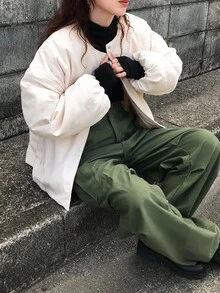 FRIFUL Women's Round Neck Drop Shoulder Button Cuff Casual Loose Versatile Padded Coat, Suitable For Autumn Jacket - Apricot - View 1