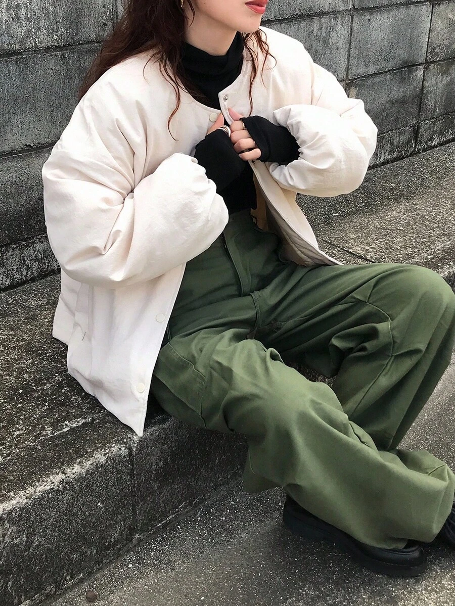 FRIFUL Women's Round Neck Drop Shoulder Button Cuff Casual Loose Versatile Padded Coat, Suitable For Autumn Jacket - Apricot - View 1