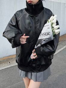 FRIFUL Women's Black Solid Color PU Fabric Stand Collar, Cuff & Hem Drawstring Loose Casual Padded Coat, Suitable For Autumn/Winter Jacket