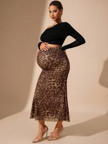 MaterniChic Autumn And Winter Leopard Print Casual Versatile Pleated Fitted Maternity Skirt Elegant Dresses For Party - Rust Brown - View 6