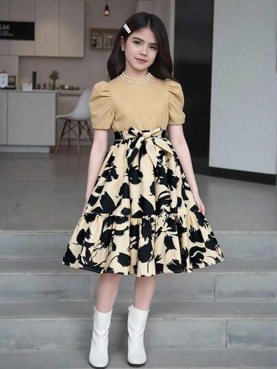 SHEIN Girl's Casual Print Pattern Cinched Waist Long Dress, Suitable For Everyday Wear And Commuting