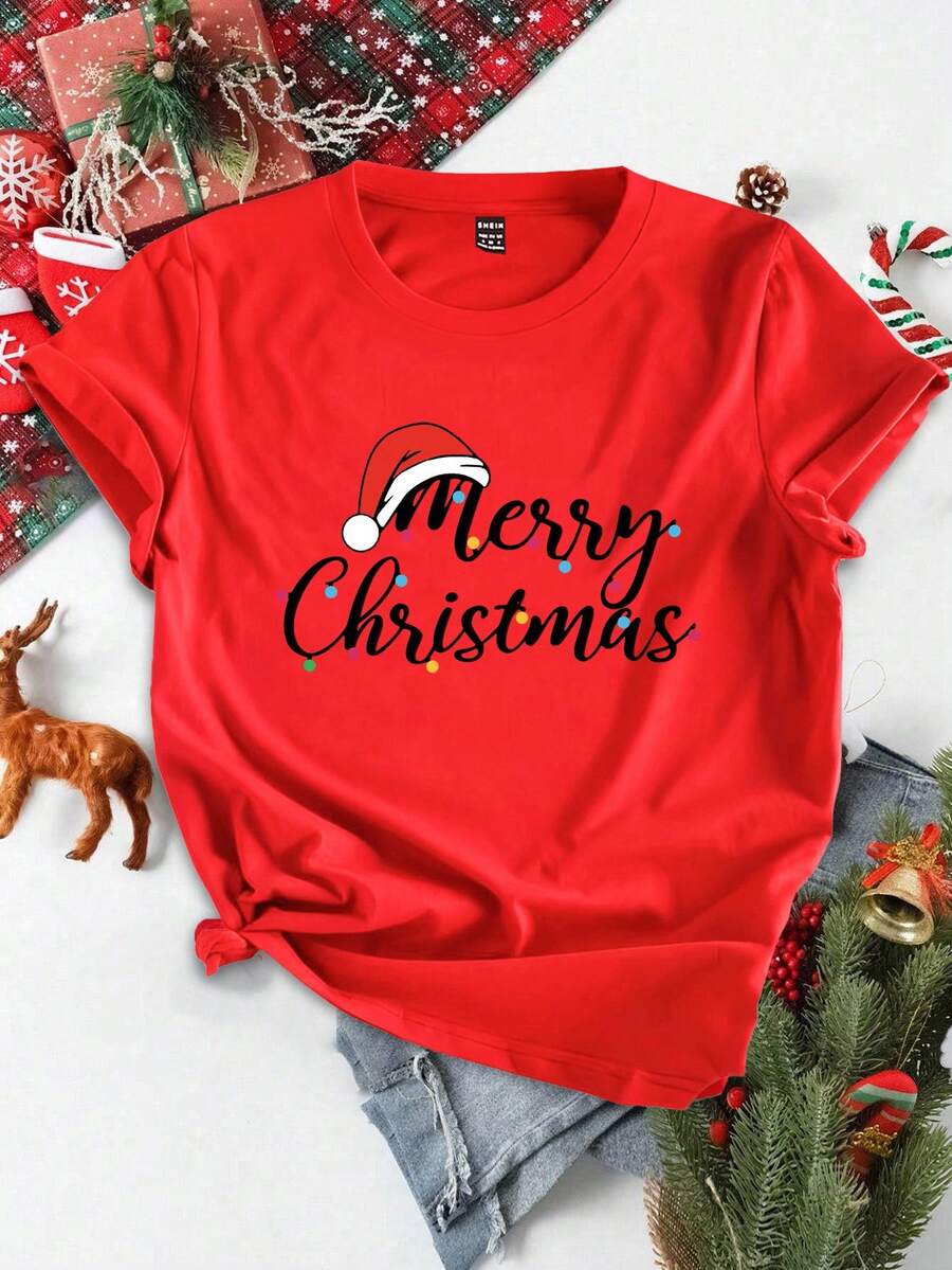SHEIN EZwear 圣诞节休闲宽松圣诞快乐和圣诞帽印花红色圆领短袖女式T恤，适合夏季套头衫 - 紅色 - 查看 1