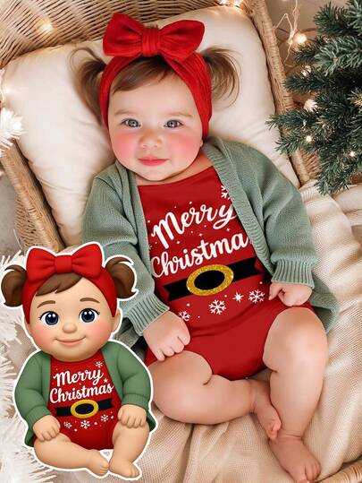 SHEIN Happikins Cute Snowflake Print Vintage Christmas Romper, Suitable For Spring/Summer, Family Party, Outings, Street Style, Home, Campus, Baby Girl Casual Strap Jumpsuit