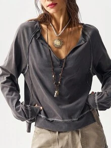 Bohemela Casual Solid Color V-Neck Long Sleeve Loose Washed Women T-Shirt, Suitable For Autumn, Halloween, Christmas, Music Festival Boho