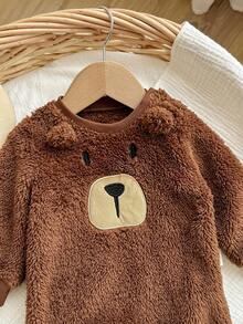 新生女宝宝可爱毛绒棕色卡通图案长袖连体衣，秋冬季 - 棕色 - 查看 8