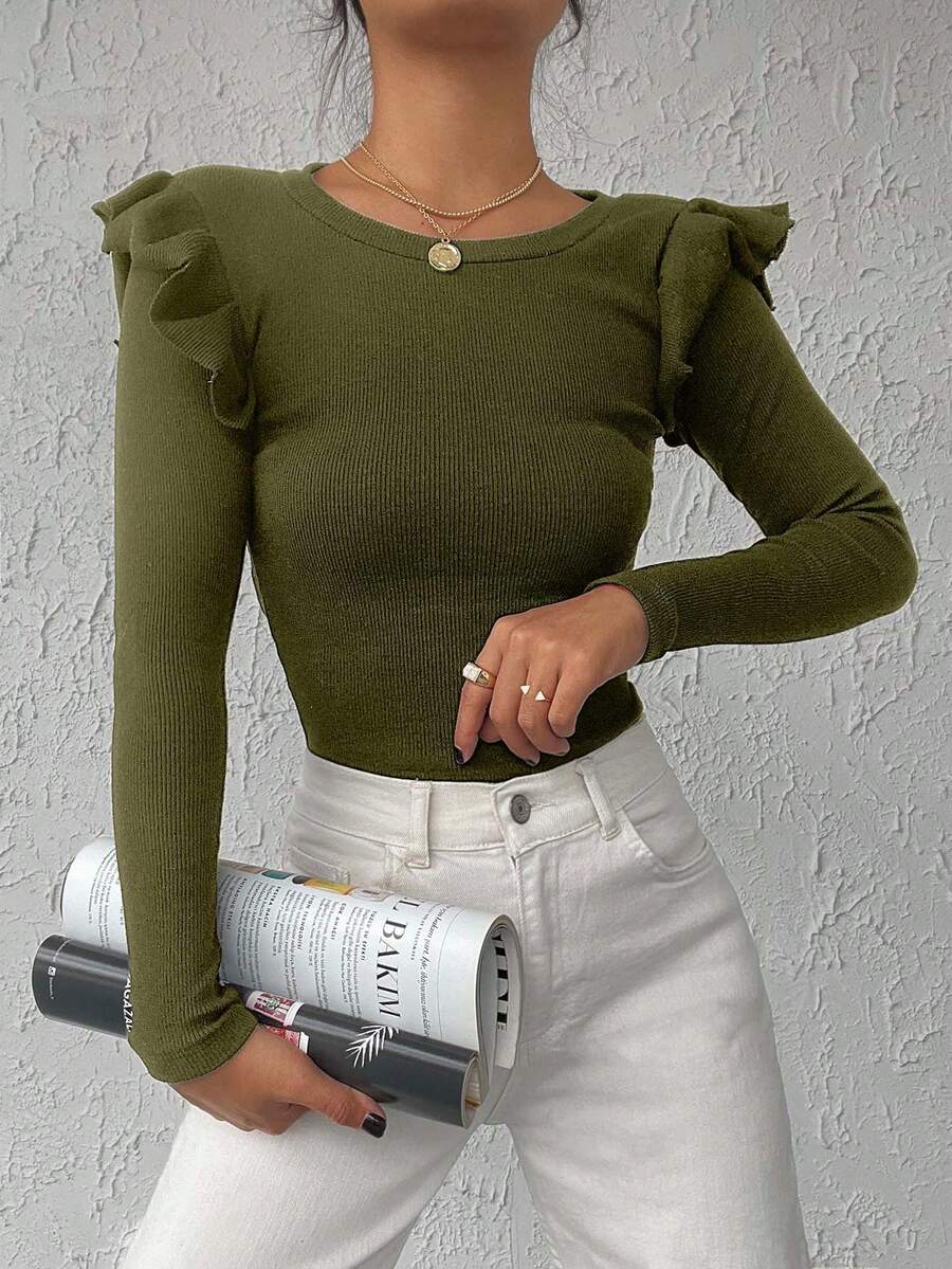 EURMUSE 95% Cotton Ribbed Knit Ruffle Trim Tee - Army Green - View 1