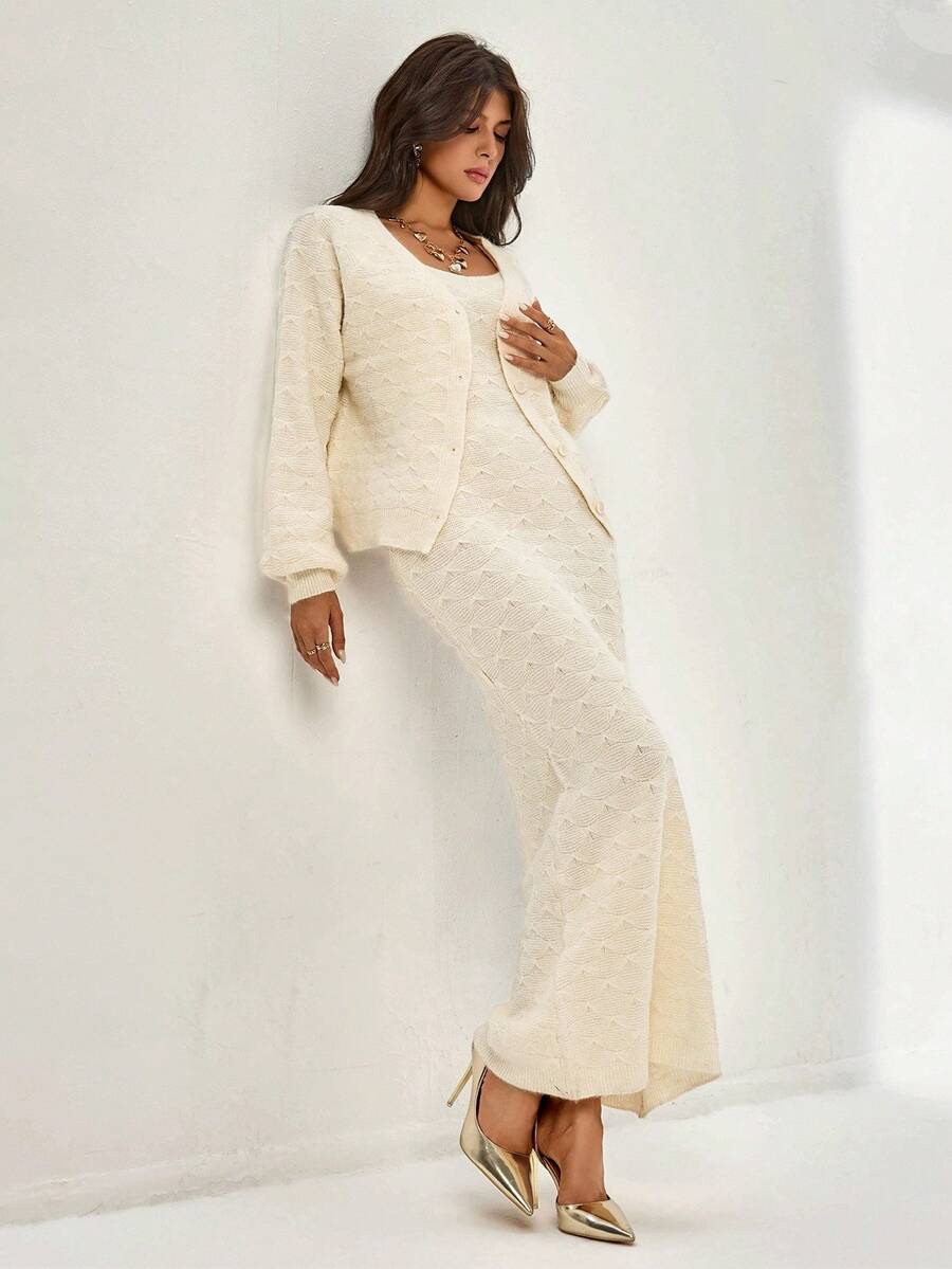 Chiquease Conjunto de 2 peças de vestido e cardigan vintage de crochê com alças - Bege - Ver 1