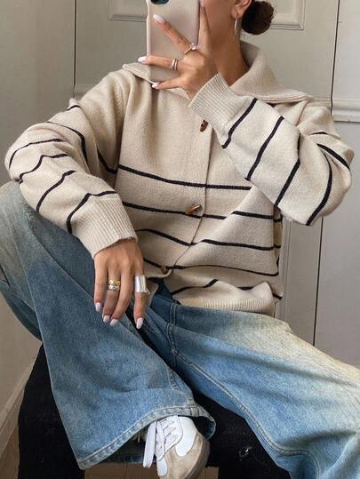 DAZY 撞色条纹高领长袖宽松开衫，带牛角扣，秋季女装