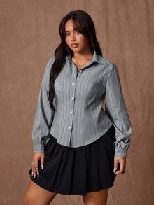Rustia Plus Size Women's Casual Striped Slim Fit Long Sleeve Shirt - Grey - View 5