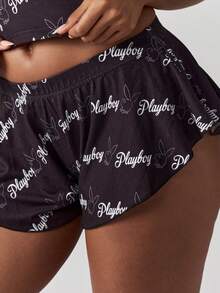 Missguided x Playboy Conjunto de pijama de top tipo camiseta y shorts con estampado de logo para Navidad - Negro - Ver 5