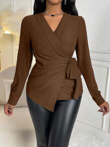 SHEIN LUNE 1 件女式纯色系带长袖休闲衬衫 - 棕色 - 查看 3