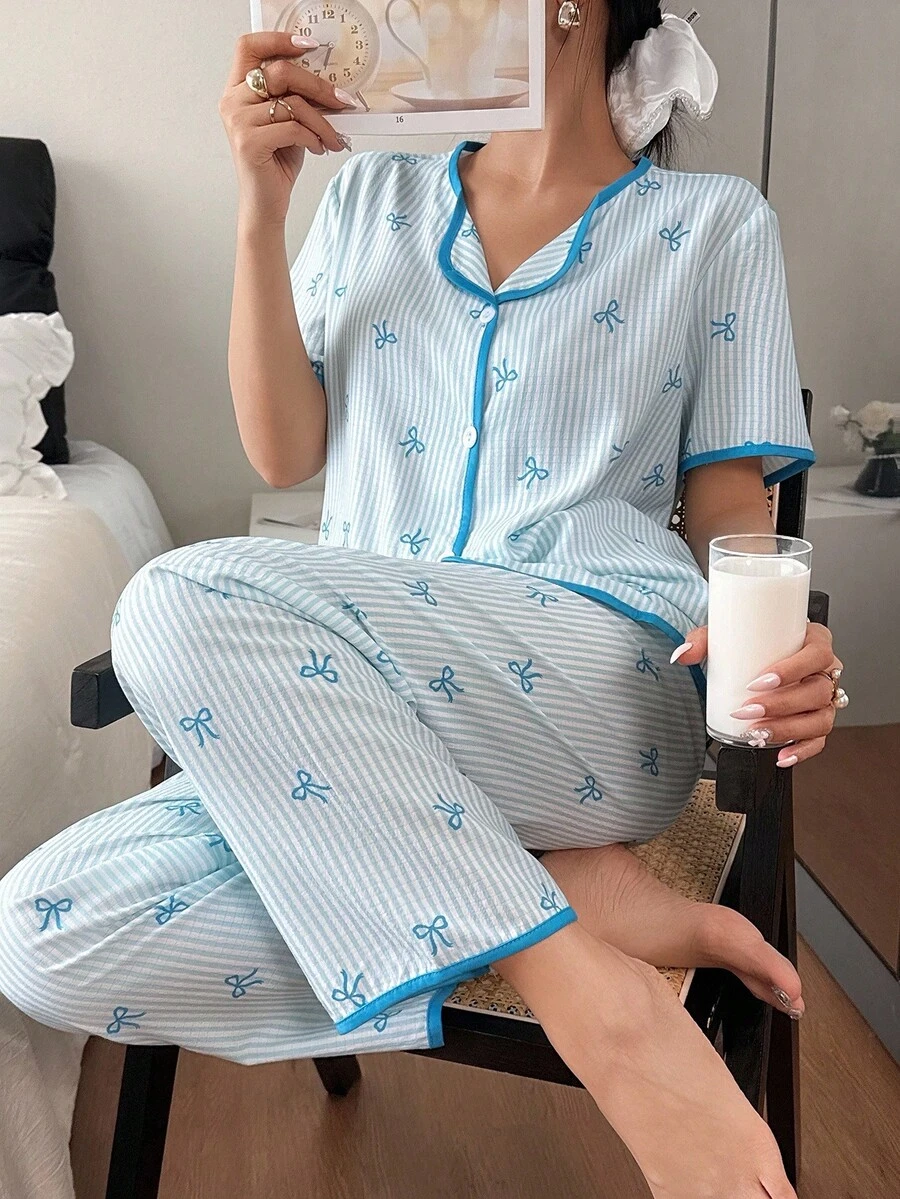 SHEIN Pink & White Striped Bow Cardigan Casual Women Pajama Set - Blue - View 1