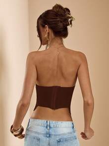 SHEIN BAE 女式 Y2K 系带设计性感修身时尚抹胸上衣 - 咖啡棕 - 查看 2