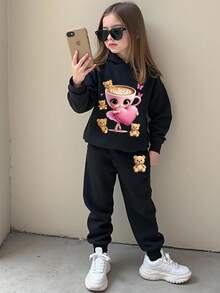 2 件套少女熊与咖啡杯图案印花长袖连帽衫，搭配松紧腰裤，秋冬 - 黑色 - 查看 1