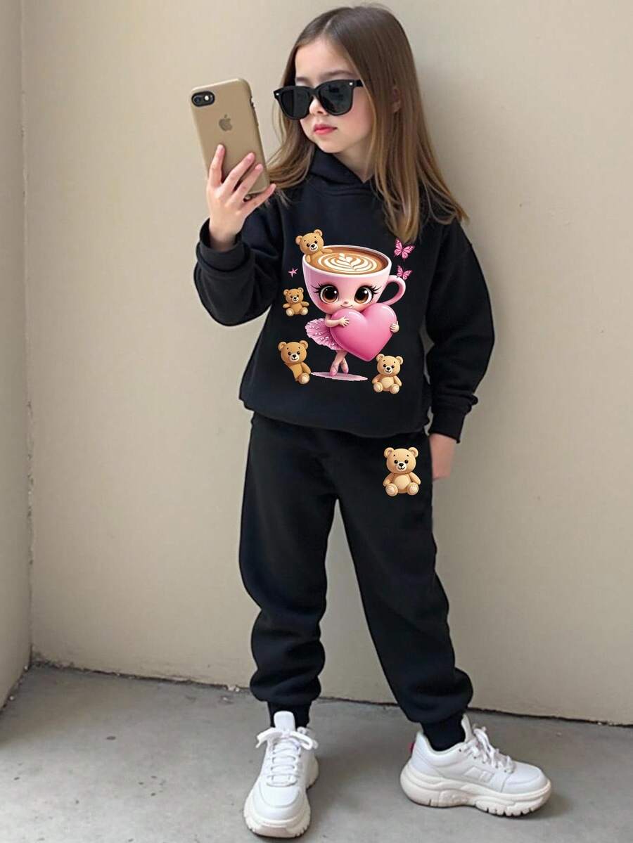 2 件套少女熊与咖啡杯图案印花长袖连帽衫，搭配松紧腰裤，秋冬 - 黑色 - 查看 1