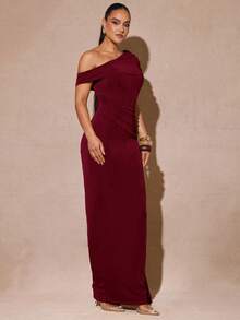 Silquee 女式纯色不对称肩部荷叶边系带设计修身优雅连衣裙 - 酒紅色 - 查看 4