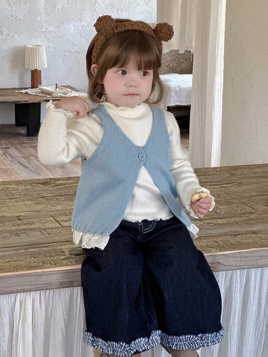 DAZY Baby Girls Casual Solid Color Sleeveless Tie-Up Sweater Vest Toddler Girls Clothes - Blue - View 1
