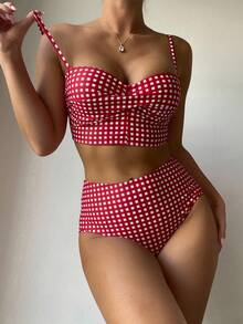 SHEIN Swim 格紋比基尼套裝扭結聚攏內衣和高腰下裝2入組泳衣