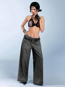 Betty Boop | ROMWE Y2K复古街头风卡通人物图案天使恶魔宽松牛仔裤 - 灰色 - 查看 3