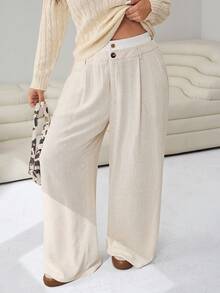 SHEIN EZwear 大码女式褶皱口袋宽松休闲阔腿裤 - 米色 - 查看 3