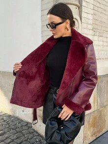 Lavishia 女士秋冬长袖拉链领PU皮保暖内衬摩托车夹克，秋冬新年圣诞节优雅上衣 - 彩色 - 查看 6