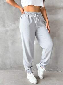 RueChic Plus Drawstring Waist Slant Pocket Sweatpants - Grey - View 4