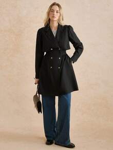 Écloséra 法国复古时尚简约束腰双排扣中长款风衣 - 黑色 - 查看 3